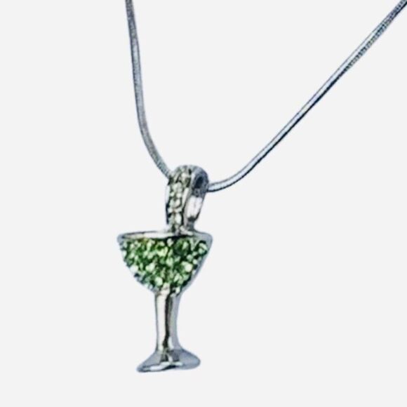 Lia Sophia Green Rhinestone Sparkle Martini Glass Silver Metal Chain Necklace - Picture 6 of 9